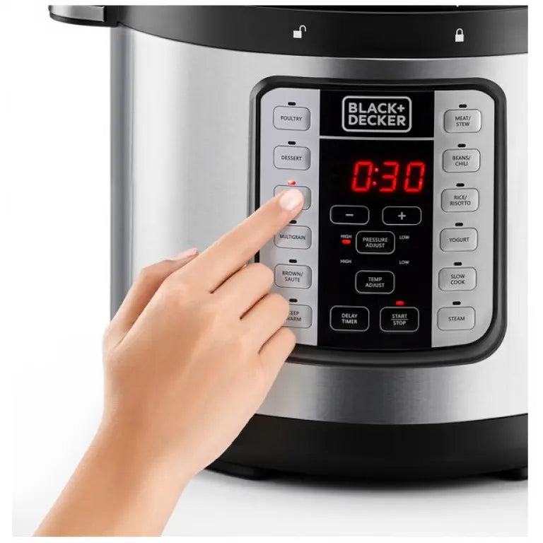 Black+Decker Electric Pressure Cooker, 7 in 1, 6 Liters, 1000W, Silver – PCP1000 Black+Decker Electric Pressure Cooker, 7 in 1, 6 Liters, 1000W, Silver – PCP1000